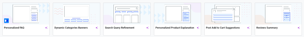 Examples of out-of-the-box templates for generative content, such as Personalized FAQ, Dynamic Categories Banners, and Reviews Summary